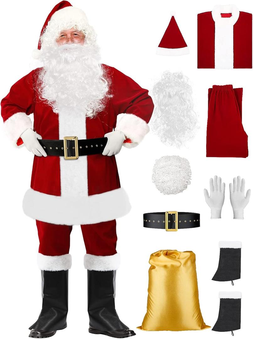 Santa Claus Costume for Men Christmas 9PCS Santa Suit Adults Deluxe Velvet Santa Costume for Men, Burgundy