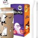 Halloween Ghost Glass Cups,18oz Glass Cup with Lid & Straw, Spooky Gifts for Halloween Lovers