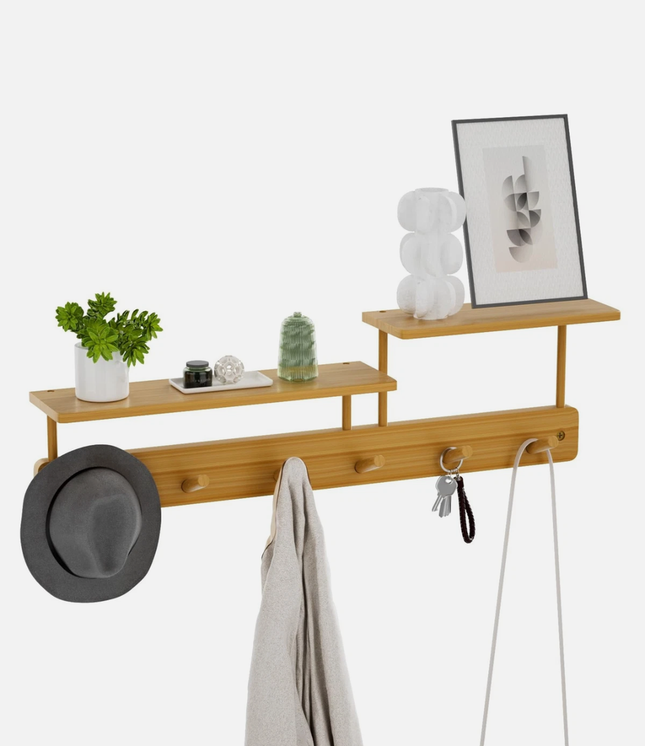 SupBambGO 24'' Wall Mounted Coat Hooks with Dual Shelves, 6 Pegs Coat Hanger, Entryway Organizer with Wall Hooks for Coats, Hats, Keys, and Bags, Bamboo