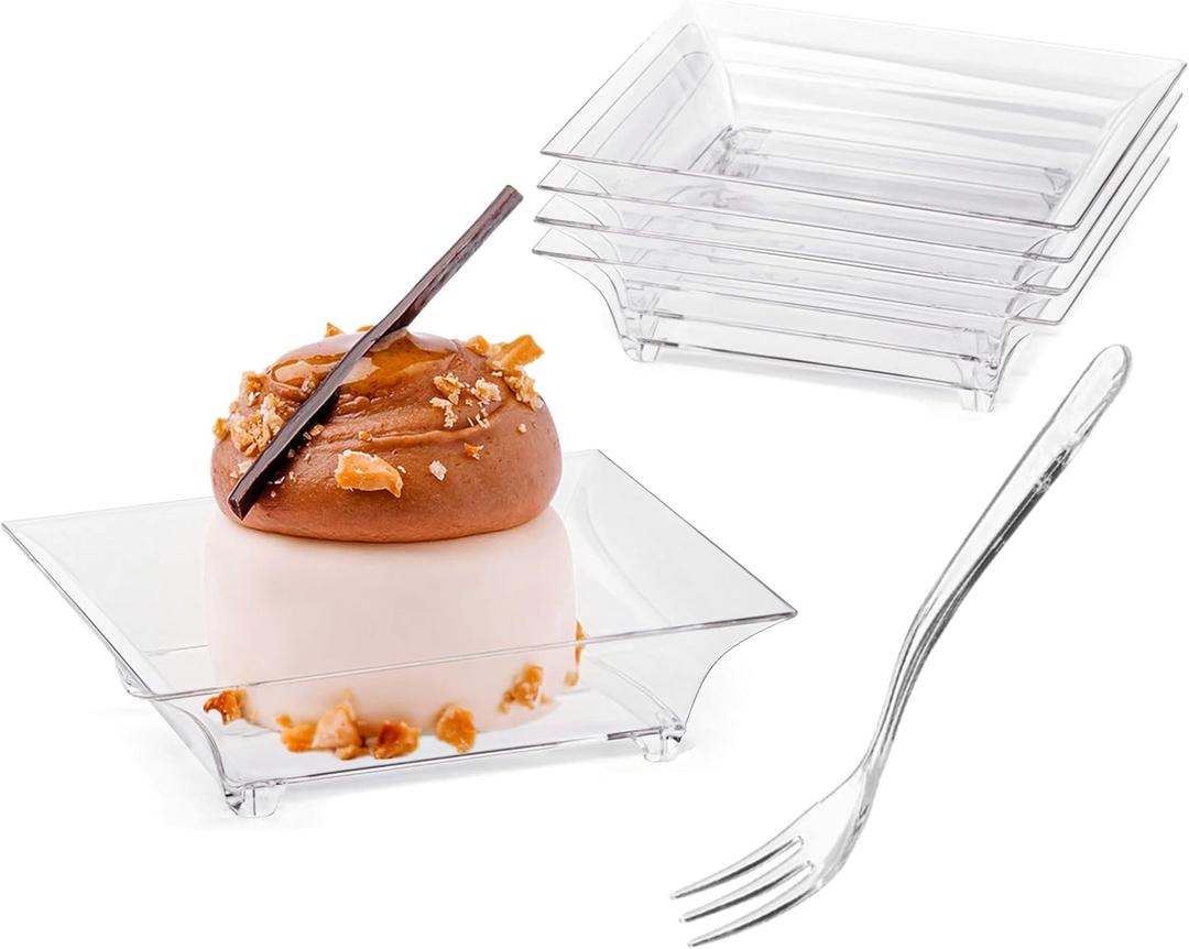 Zezzxu 100 Pack Mini Dessert Plates with Tasting Forks, 2.5 Inch Small Reusable Clear Plastic Square Hors D'oeuvres Tiny Plates for Party Serving, Individual Appetizers