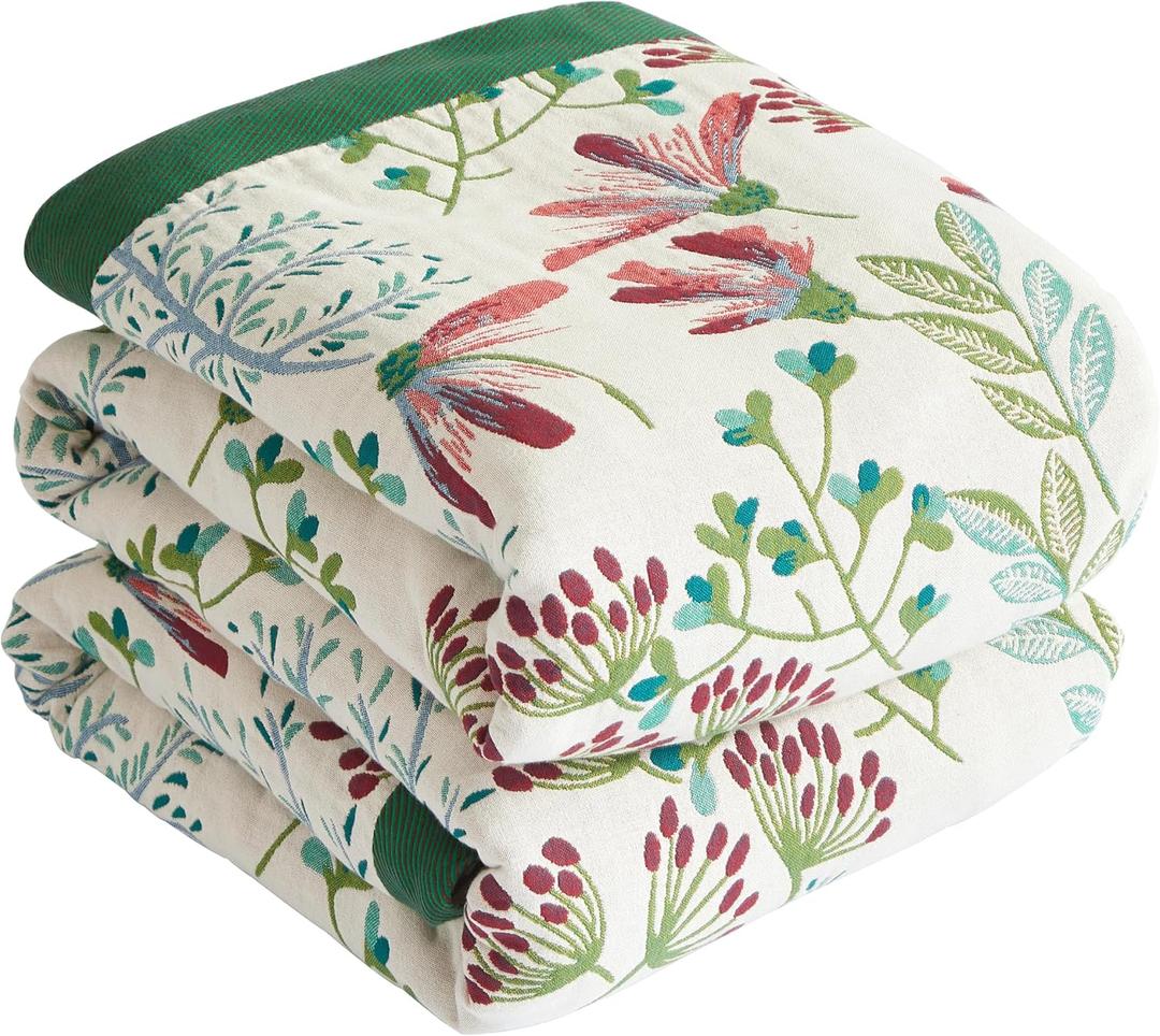 Boho Throw Blanket for Bed 50x60, 100% Cotton Woven Blanket for Couch Sofa, Ultra Soft 4-Layer Muslin Quilt with Floral Printed, Farmhouse Bed Blanket/Cover for Living Room Decor