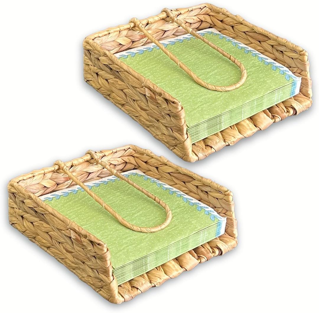2 Pieces Square Napkin Holder | Cocktail Napkin Holder, Flat Napkin Holder | Wicker Napkin Holder for Bathroom, Restaurant, Dining, Bar (Water Hyacinth, Square)