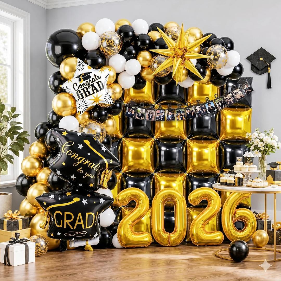 Graduation Balloon Arch Kit 2026, 116Pcs Black and Gold Graduation Balloons 2026 with Square Foil Balloons Wall, Photo Banner, 2026 Number Balloons for Class of Graduation Party Decorations