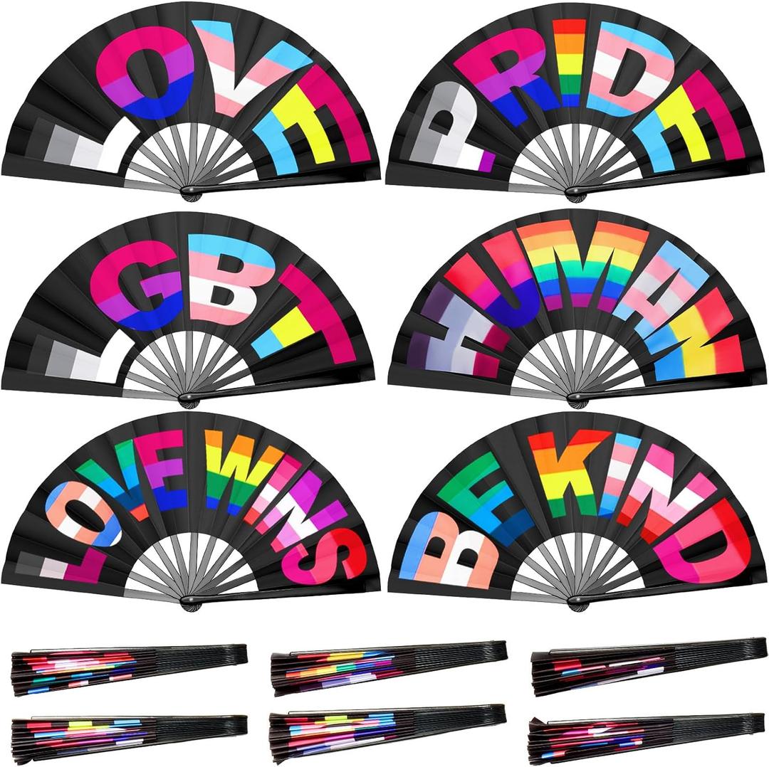 6 Pcs Large Pride Rainbow Hand Rave Fan Colorful Gay Hand Stuff Pride Accessories Foldable Rave Fan for Lgbt Women Men for Parade Rainbow Wedding Party Decoration
