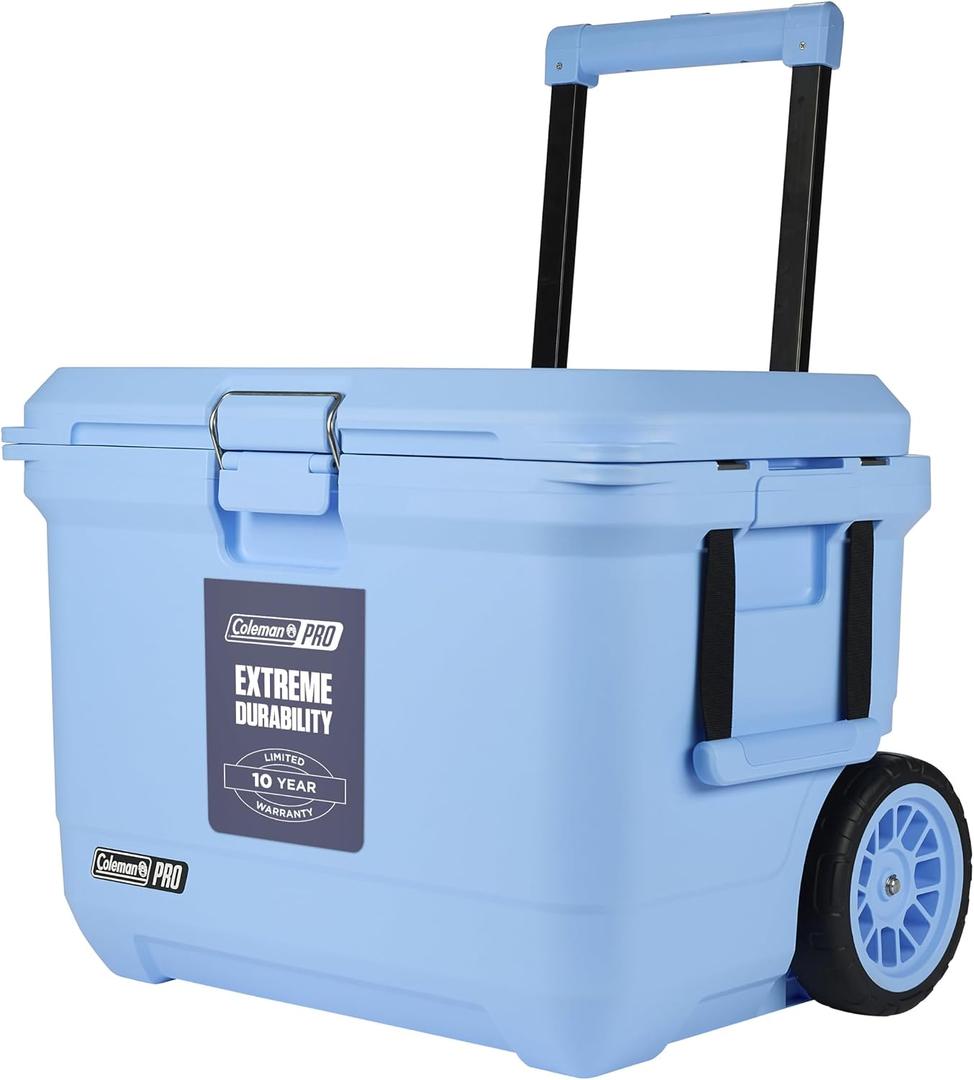 Coleman Pro Heavy-Duty 55qt Wheeled Ultra-Light Premium Hard Cooler, Extra-Thick Insulation Keeps Ice up to 5 Days, 92-Can Capacity, Heavy-Duty Wheels,Blue Sky