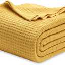 Bedsure 100% Cotton Blanket Queen Size for Bed - Breathable and Soft, Waffle Weave Blanket for Summer, Thick Cozy Fall Blankets for Women Gift, Mustard Yellow, 90x90 Inches