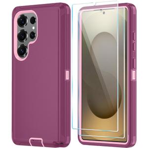 ONOLA Phone Case for Samsung Galaxy S25 Ultra Case with HD Screen Protector, Heavy Duty Shockproof & Dropproof 3-Layer Cover Phone Case for Galaxy S25 Ultra 6.9''WineRedPink