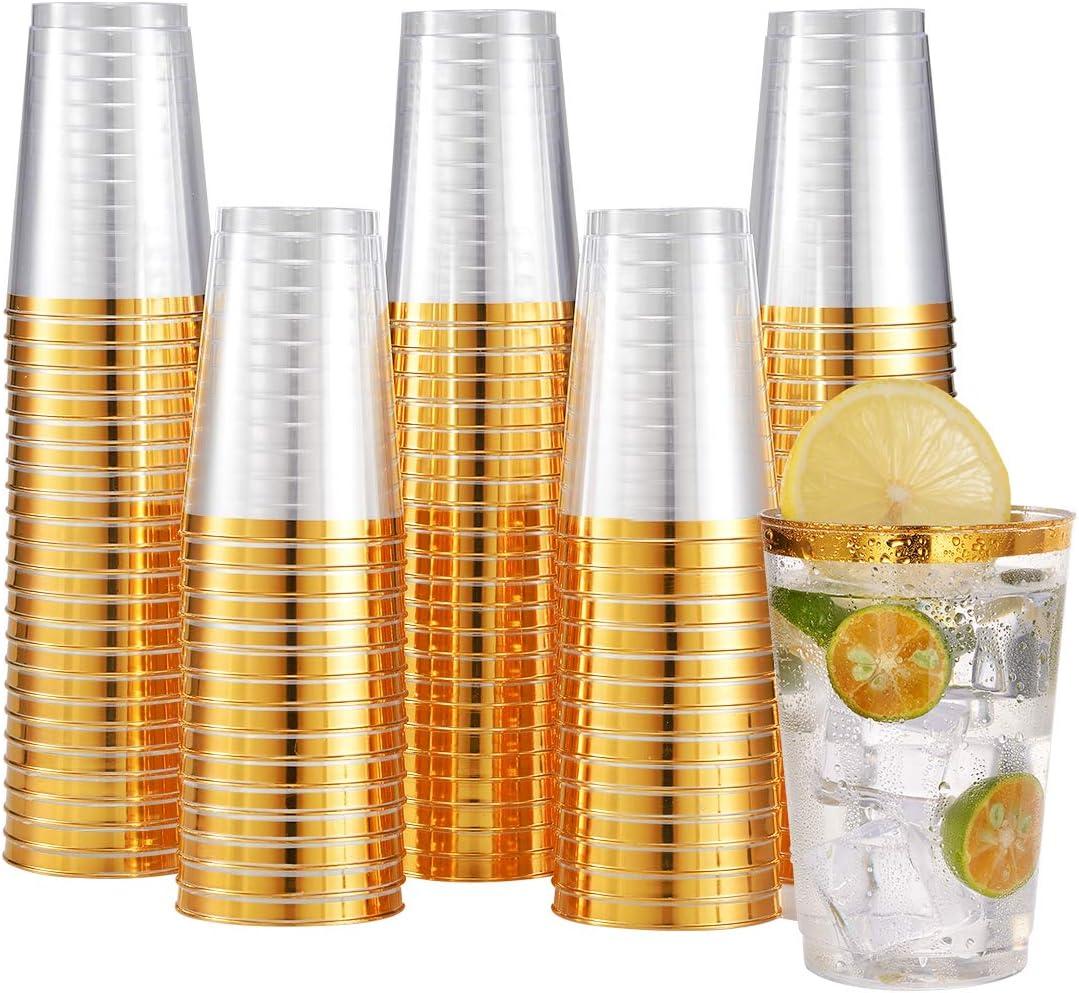 JOLLY CHEF 100 Pack 12 oz Gold Plastic Cups Tumblers Elegant Gold Rimmed Disposable Cups Perfect for Thanksgiving Day Christmas