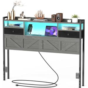 Queen Size Headboard with Drawers, Outlets & USB Ports,Sturdy Wood Bed Frame with Adjustable Height, Built-in LED Lighting (Grey, Queen 59 * 7.08 * 45.7)