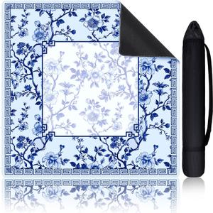 Chinoiserie Mahjong Mat with 1 Carrying Bag 31.5" x 31.5" Blue and White Rubber Anti Slip and Noise Reduction Multi Purpose Game Table Cover for Card, Board Tile Games