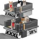 2-Pack XXXL Stainless Steel Cat Litter Box Extra Large 28" L x 20" W with High Sides & Lid, Non-Stick, No Odor, Leak-Proof Metal Boxes for Large & Multiple Cats, Easy to Clean