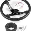 14inch 350mm PU Leather Car Racing Steering Wheel black With Adapter Plate 70mm PCD For Logitech G29 G920 G923 For Racing Game (black+black)