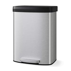 Garvee 16 gal / 60 L Stainless Steel Trash Can with Lid, Large Garbage Can for Kitchen, Rustproof Step-on Kitchen Metal Trash Bin with Liner Rim, Rear Handle, Soft Close Plastic Lid, Silver