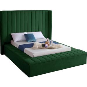 Meridian Furniture Kiki Collection Modern | Contemporary Velvet Upholsterd Bed with Channel Tufting, Siderails and Footboard Storage Compartments, King, Green
