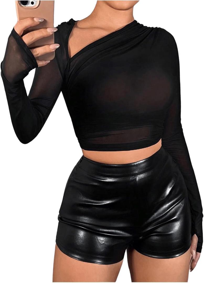 Verdusa Women's Y2k Corset Mesh Top Long Sleeve Crop Tops Asymmetrical Neck Ruched Fitted T Shirts (Black, Small)