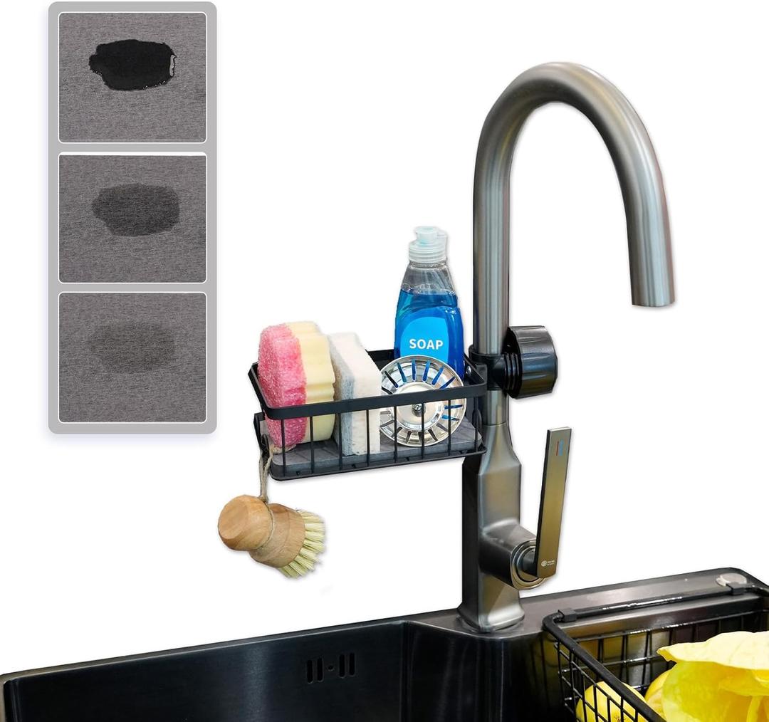 Seltomer Sponge Holder for Kitchen Sink Sponge Holder Over Faucet - Stainless Steel Sink Caddy Organizer with Quick Stone Drying Mat (Black) (Large)