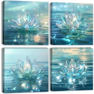 Lotus Flower Wall Art Teal Wall Decor Zen Bathroom Picture for Walls Canvas Prints Paintings Spiritual Meditation Wall Decor Turquoise Water Flowers Poster Yoga Room Artwork Decorations 12x12" 4Pcs