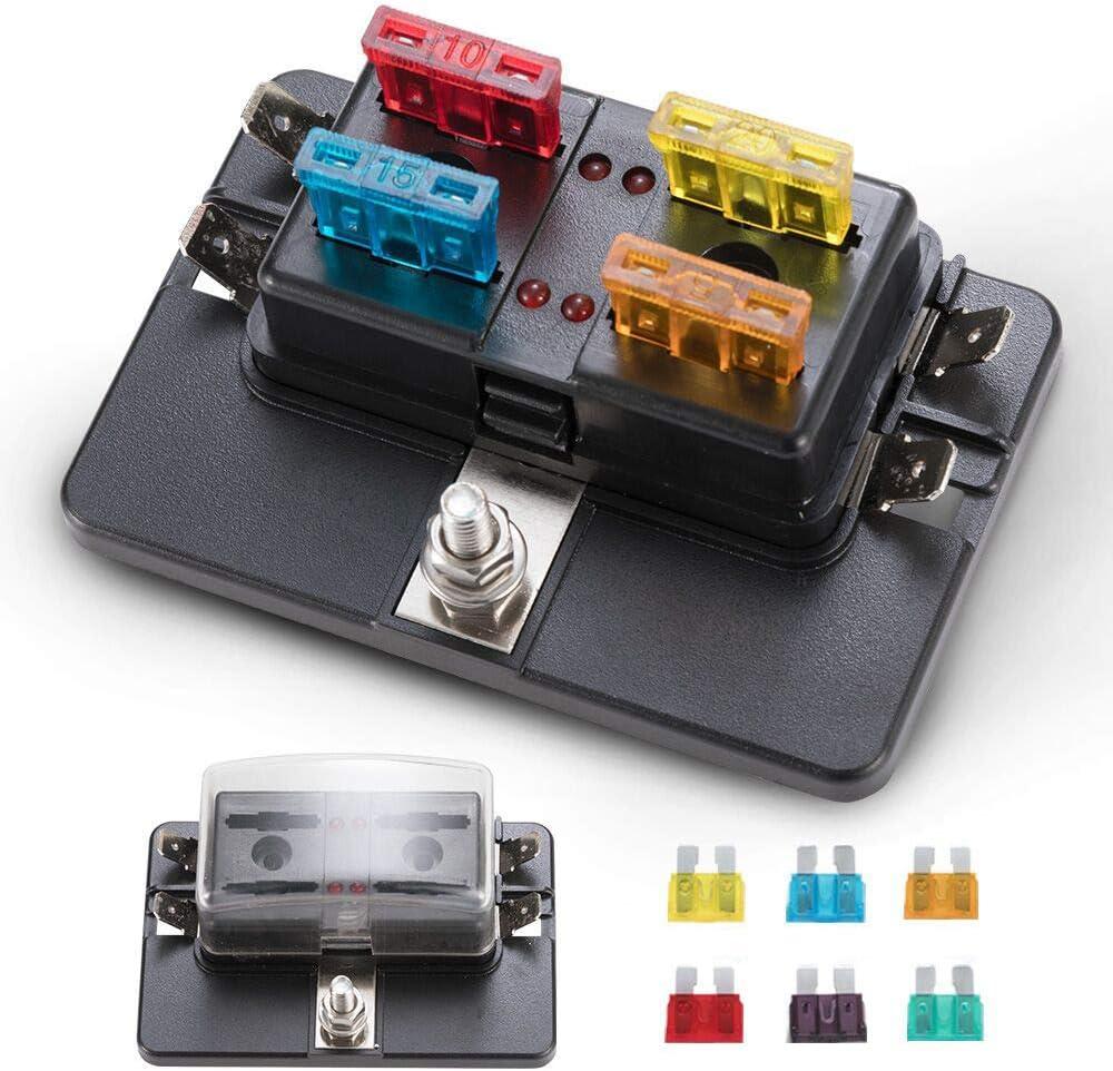 BUNKER INDUST 4-Way Blade Fuse Box with LED Indicator for Blown Fuse,Fuse Block Holder Box with Protection Cover for Car Boat Marine Automotive,Include 12Pcs Blade Fuses