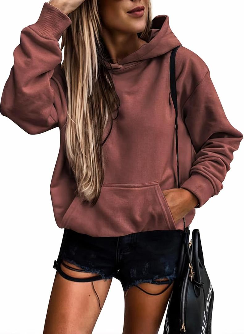SHEWIN Women's Casual Hoodies Long Sleeve Solid Lightweight Pullover Tops Loose Sweatshirt with Pocket (Large, 2 Red)