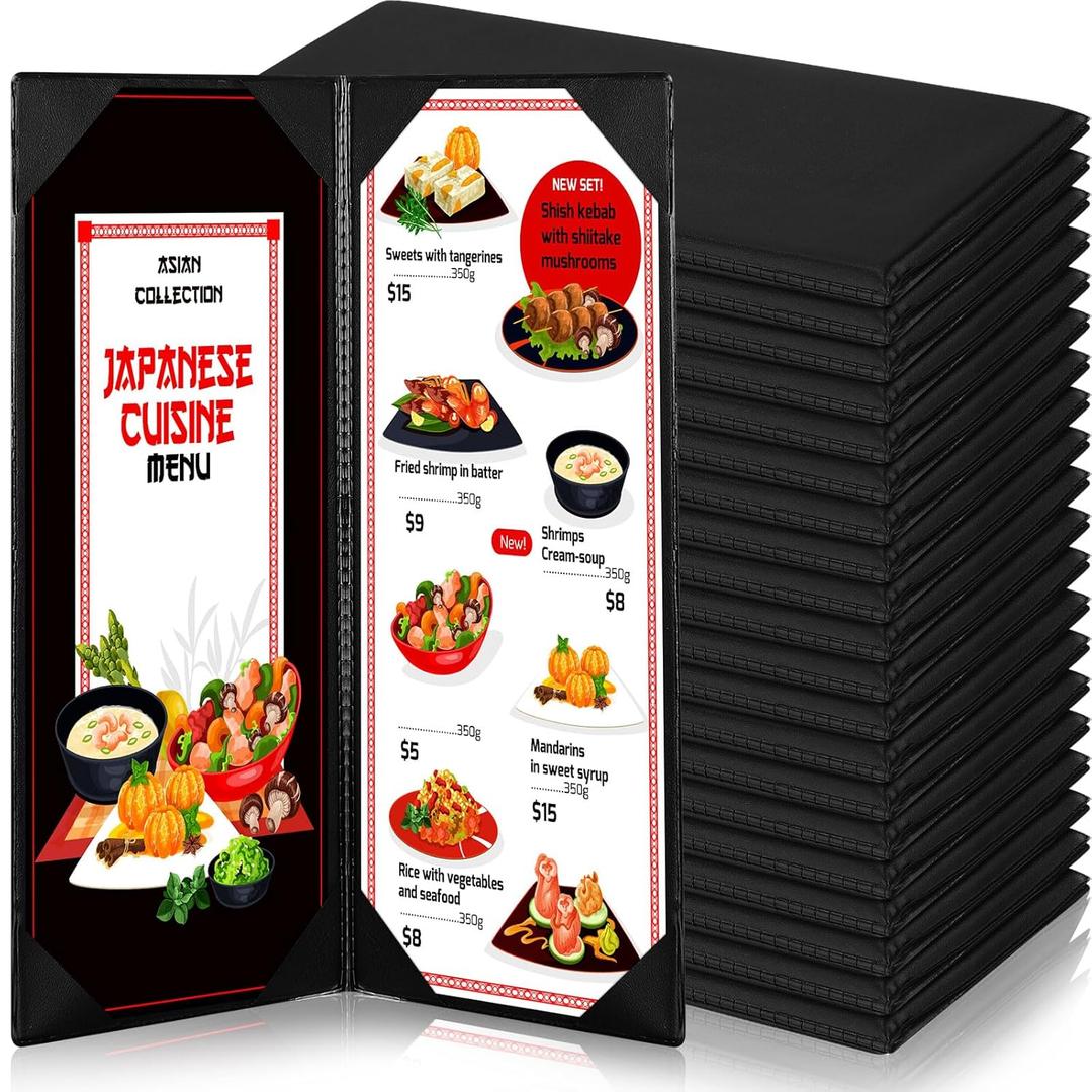 20 Pieces Black Menu Covers PVC Waterproof Restaurant Cafe Bar Fold Menu Book 2 View Double Fold Angled Corners Menu Covers for Wine Drinks Cafes List Covers Set, Fits 4.25 x 11 inches Menu