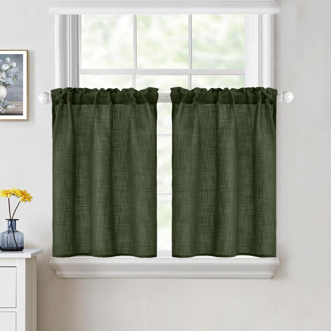 MIULEE Cafe Curtains 30 Inch Length Half Window Curtain Semi Sheer Farmhouse Short Linen Drapes for Kitchen Bathroom Basement Small Window, Rod Pocket Tier Curtains 2 Panels W26XL30, Olive Green