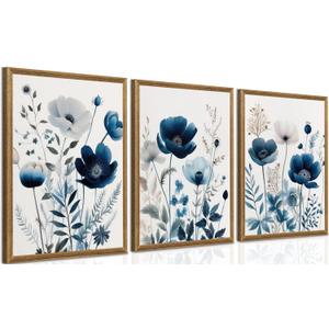 DUWQU 3 Pcs Blue Floral Canvas Wall Art, Wood Framed Navy Blue Wildflower Lily Daisy Wall Decor, Watercolor Botanical Flower Home Poster Art Prints for Living Room Bedroom Bathroom 16 x 24 Inches