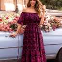 Women's Summer Boho Off Shoulder Midi Dress Ruffle Sleeve Smocked Elastic Waist Flowy Dresses (M)