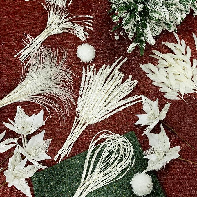 PARTY JOY 54 Pcs White Glitter Artificial Cedar Sprigs Picks Faux Cedar Branches Stems Christmas Tree Picks Sprays for Gold Christmas Tree Wreath Wedding Bouquet Winter Seasonal Holiday Decoration