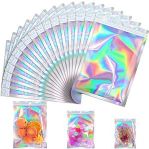 100 Pcs Mylar Bags, Holographic Bags, Resealable Bag for Small Business, Packaging, Sample Bag for Pen, Gift, Jewelry, Snack, Bracelets, Mothers Day Gifts (5.5x7.9in)