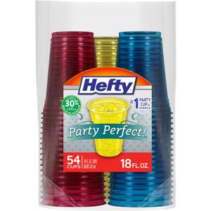 Hefty Party Perfect Tinted Disposable Plastic Cups, Red, Blue, and Yellow Plastic Cups, Perfect Party Cups for Easy Cleanup and Large Gatherings, 18 Ounce, 54 Count