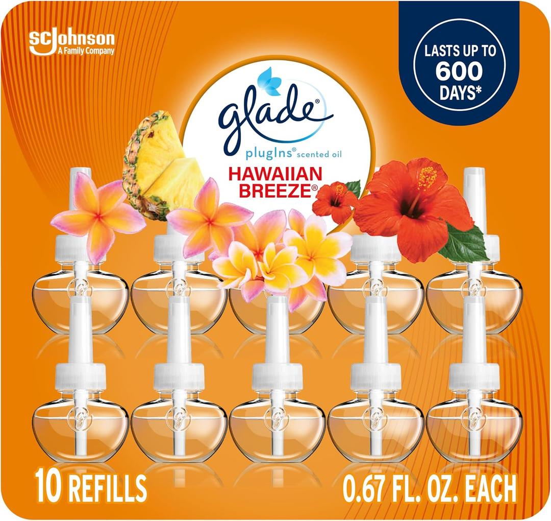 Glade PlugIns Refills Air Freshener, Scented and Essential Oils for Home and Bathroom, Hawaiian Breeze, 6.7 Fl Oz, 10 Count