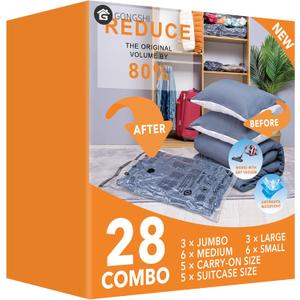28 Pack Vacuum Seal Bags For Clothing,(3 Jumbo, 3 Large, 6 Medium, 6 Small, 5 Travel Roll Up Bags,5 Small Travel Roll Up Bags) Space Saver Bag For Clothes, Blanket, Duvets, Pillows, Comforters