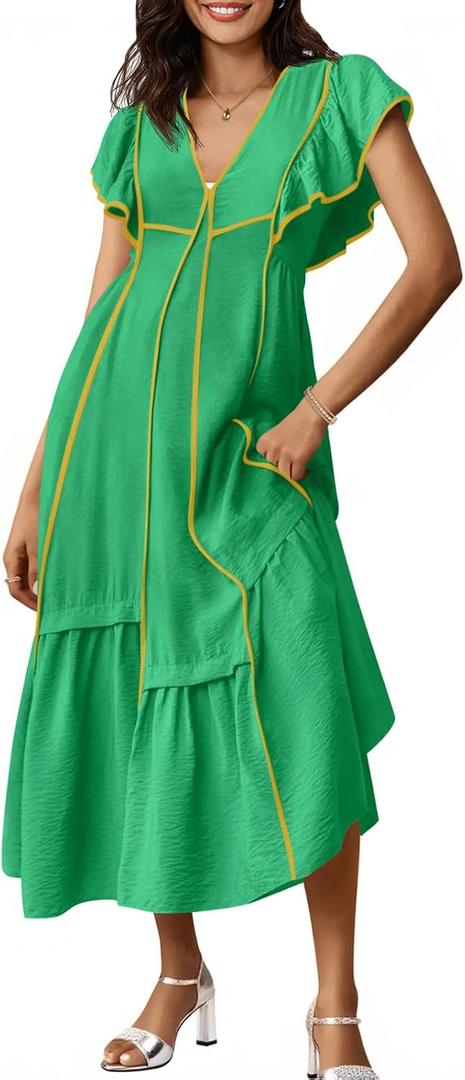 Wenrine Womens Summer V Neck Midi Dress Casual Ruffle Sleeve Contrast Color Loose Fit Flowy Long Dresses (S)