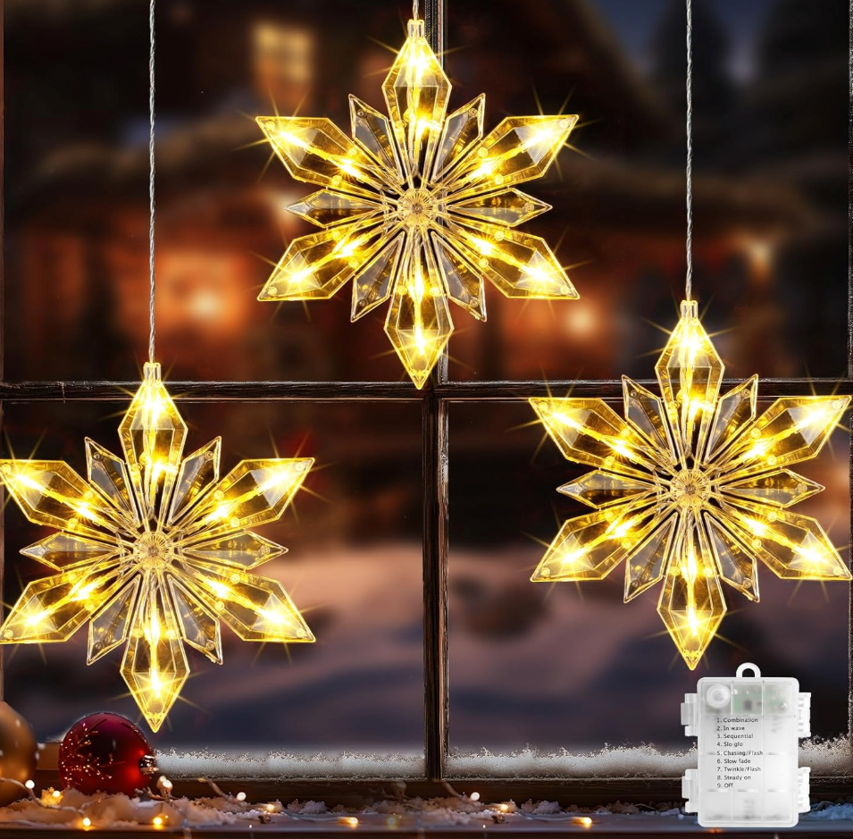 Christmas Snowflake Window Lights,  72LED Battery Powered Christmas Window Lights, Waterproof Snowflake Curtain Lights with Timer & 8 Modes for Indoor Outdoor Xmas Decor