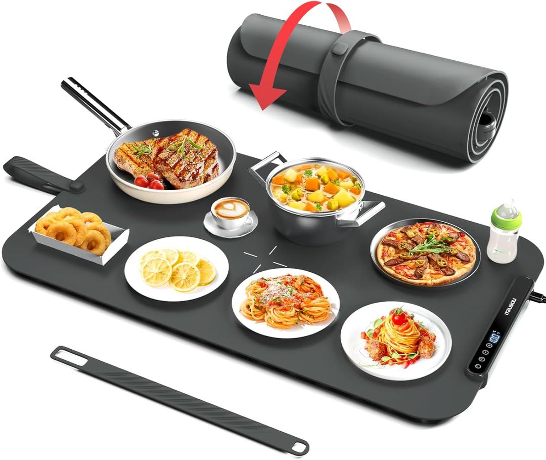 Food Warming Mat, iTRUSOU 27.5x16'' Electric Warming Tray with 7 Temp-Settings, Switchable Fahrenheit/Celsius, 99h Timer, Foldable Food Warmer Keep Food Warm at Buffet, Party, Sabbath, Daily Use (27.56*15.75inches - 110V, Dark Grey)