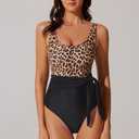 RXRXCOCO Women One Piece Swimsuit Tummy Control Cute Waist Tie Slimming Bathing Suit Cutout Full Coverage Swimwear Leopard XL (XL)
