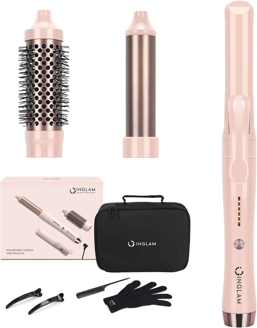 IG INGLAM 3 in 1 Cordless Detachable Hair Styling Set with 1'' Flat Iron, 1.25" Curling Wand, 1.5" Thermal Brush, Rechargeable Portable for Travel, Gift for Women (Pink)