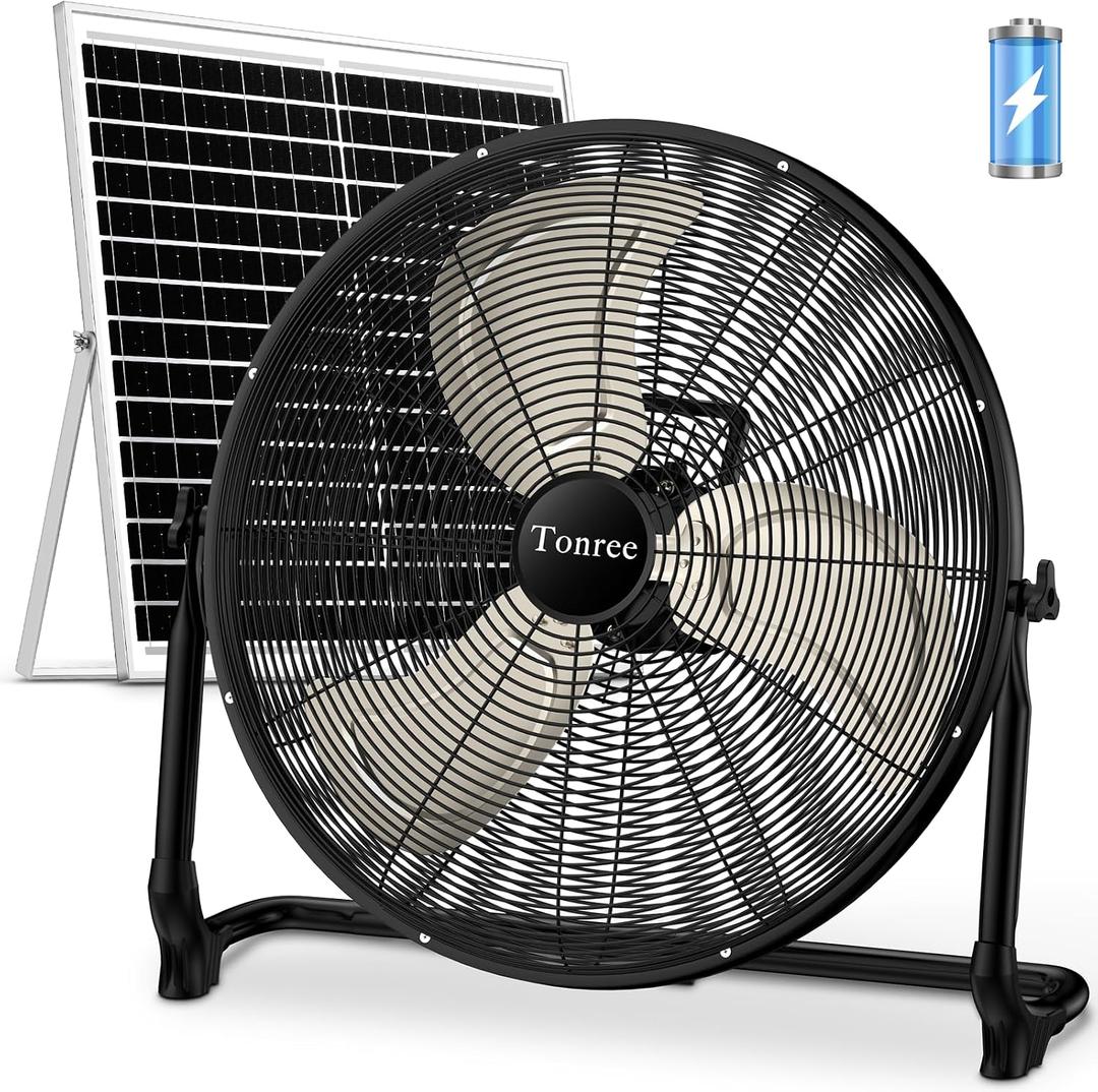 20" Large Solar Fan, Portable Battery Operated Floor Fan, 50W Rechargeable Solar Powered Wireless Camping Fan Outdoor, Waterproof, Hi-airflow, Cordless, for Outside Home Garage Gym Patio Travel