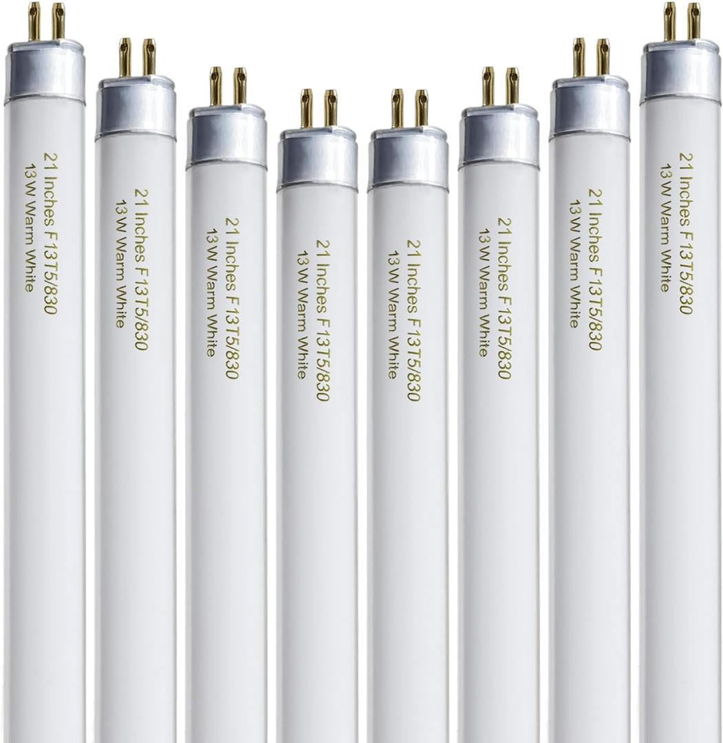 8 Pack 21 Inch T5 Fluorescent Light Bulb 13 Watt F13T5/WW Compatible with Sylvania Satco Philips GE Under Cabinet Tube Light Warm White 800 Lumen G5 Base 8 Count