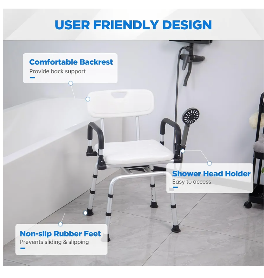 Shower Chair for Elderly and Disabled, Foldable U-Shapr Seat, Adjustable Height Non-Slip Bathroom Chair with Padded Arms and Back 350 lbs