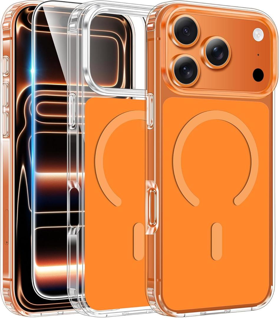 FNTCASE for iPhone 17 Pro-Max Case: Clear Magnetic Phone Cases with Screen Protector Compatible with Magsafe Slim Anti Yellowing Rugged Shockproof Protective Transparent Cell Cover (B-A Orange)