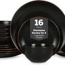 Stone Lain Brasa Stoneware 16 Piece Modern Dinnerware Set, Plates and Bowls, Service for 4, Black, Microwave & Dishwasher Safe