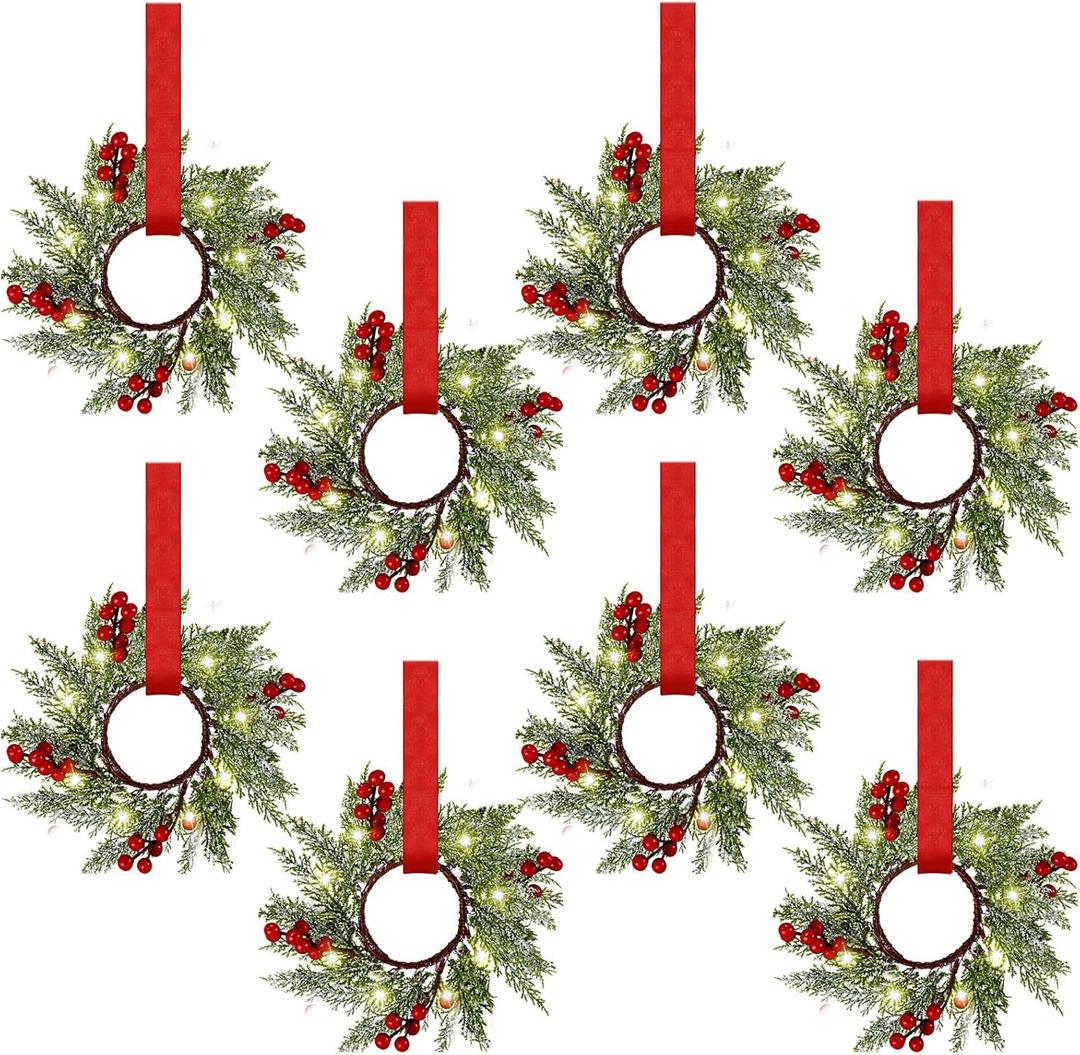 Xinnun 8 Pcs Mini Christmas Wreath for Cabinets Kitchen with LED Lights 8.66 Inch Lighted Hanging Red Small Christmas Wreaths with Berry for Kitchen Cabinet Fireplace Window Front Door Wall Decor