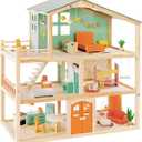 Large Wooden Dollhouse with 32 Pcs Furniture Accessories, 3-Story Doll House 5 Rooms Balcony Wooden Stairs, Ideal Dollhouse Playset Toy for Kids Ages 3+, 30" x 28" x 13" (Candy Color)