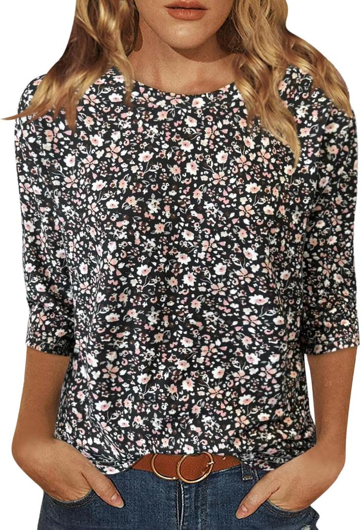 JomeDesign Womens Tops 3/4 Sleeve Shirts Round Neck Loose Casual Blouses Floral Print Tshirts (Large, Black Pink Floral)