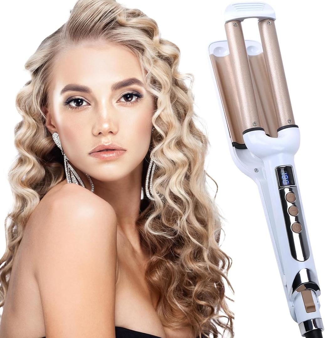 Crimper Hair Iron, Ceramic Hair Crimper Hair Waver 3 Barrel Curling Iron 0.6 inch / 16mm Perm Instant Curls,Hair Crimper and Wavers, Valentines Mothers Day Gifts for Women (Champagne)