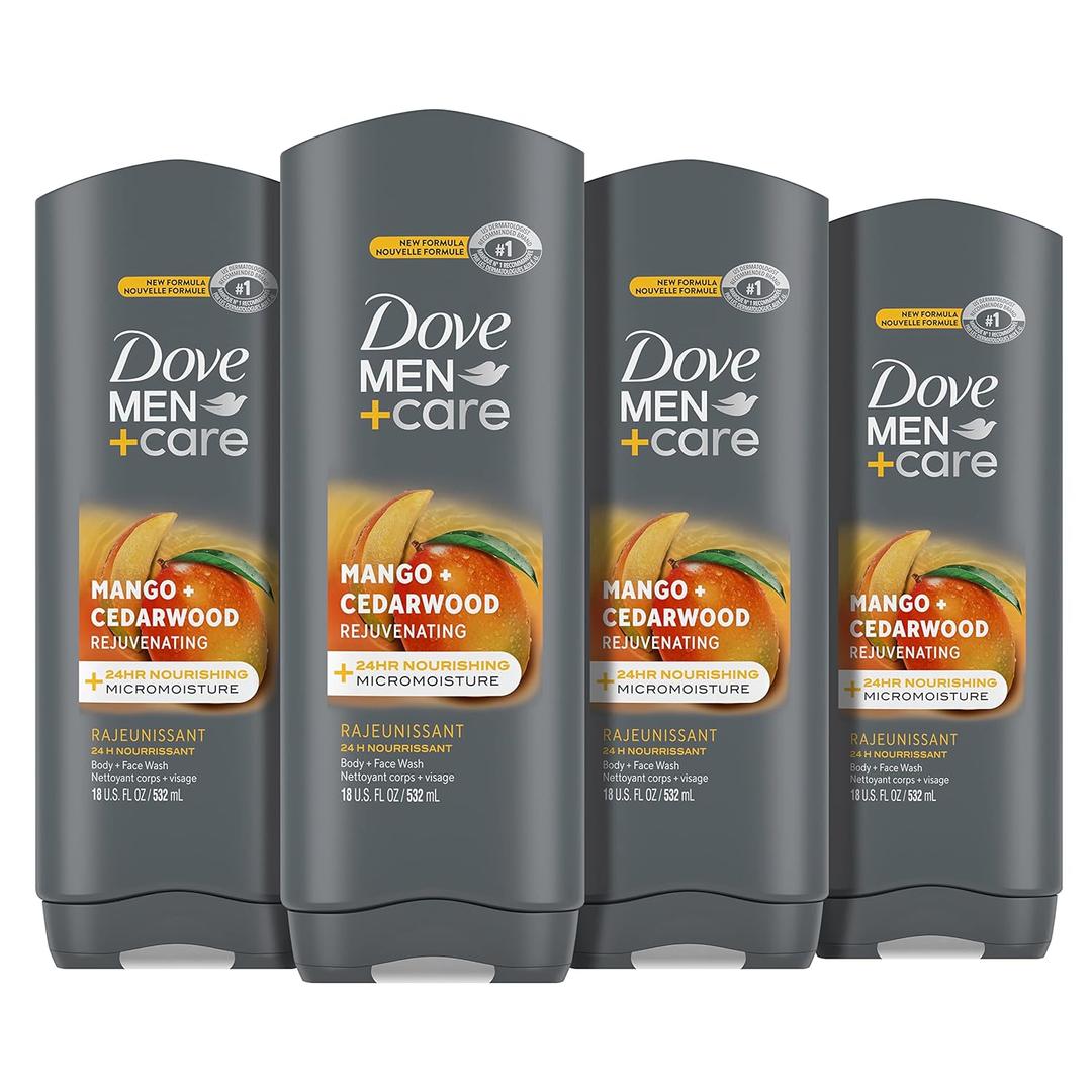 Dove Men+Care Body Wash Rejuvenating Mango + Cedarwood 4 Count for Men with 24-Hour Nourishing Micromoisture Technology 18 oz