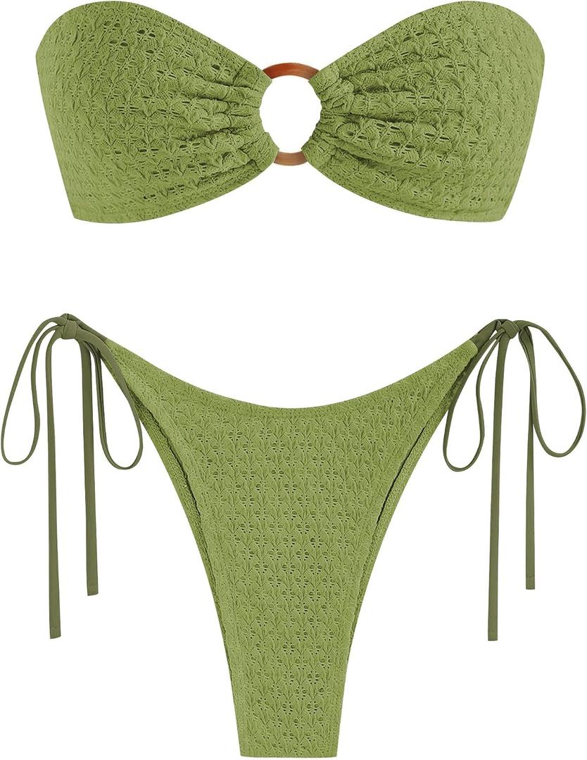 ZAFUL Women's Bandeau Bikini Strapless O Ring Lace Tie Back High Cut Two Piece Swimsuit Bathing Suits, L, Green
