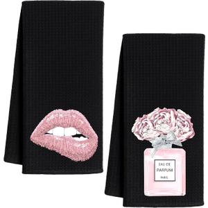 Pink and Black Bathroom Decor, Trendy Girly Aesthetic Hand Towels for Girls Bathroom Dorm Spa Decor, Black and Pink Bath Room Kitchen Tea Hand Towels, 16x24 Inch Set of 2