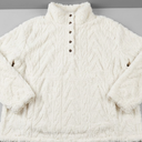BLENCOT Women Fashion Button Down Collar Textured Shearling Long Sleeve Plain Cable Casual Fuzzy Fleece Ladies Sweatshirts Pullovers Shirts Tops White 2XL